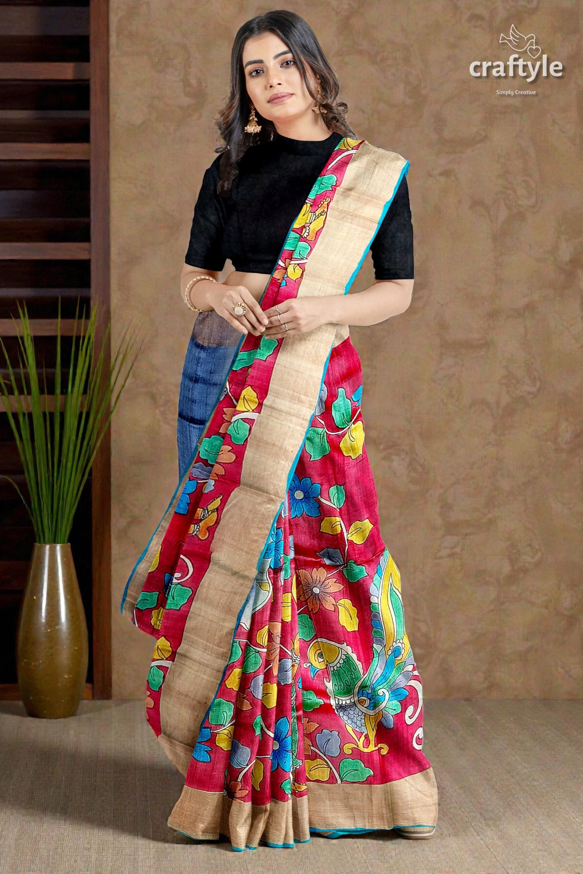 Hand-Painted Pure Tussar Silk Saree - Red Kalamkari Design with Zari Border