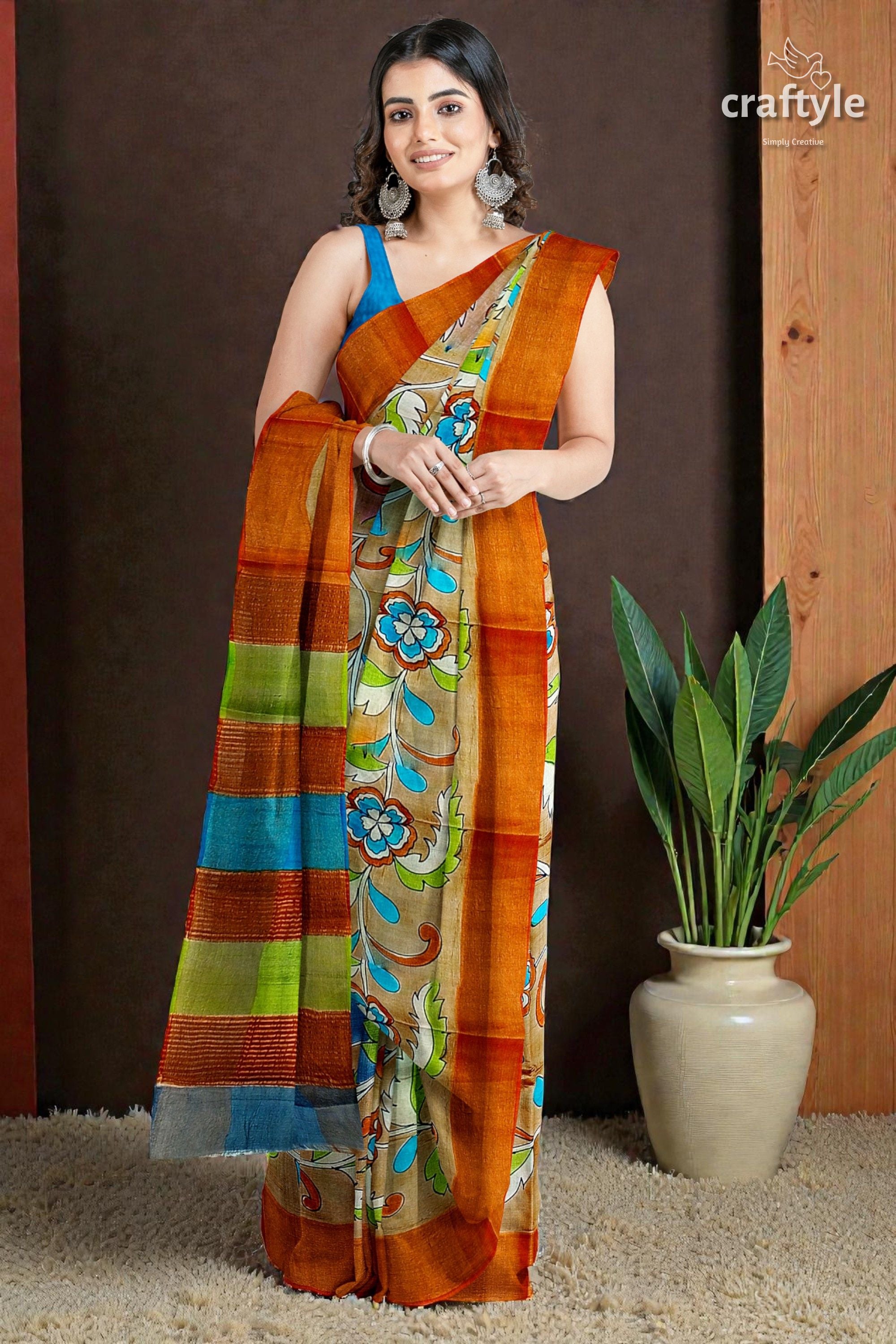 Hand Painted Kalamkari Sari - Rodeo Dust Premium Quality Zari Border Pure Tussar