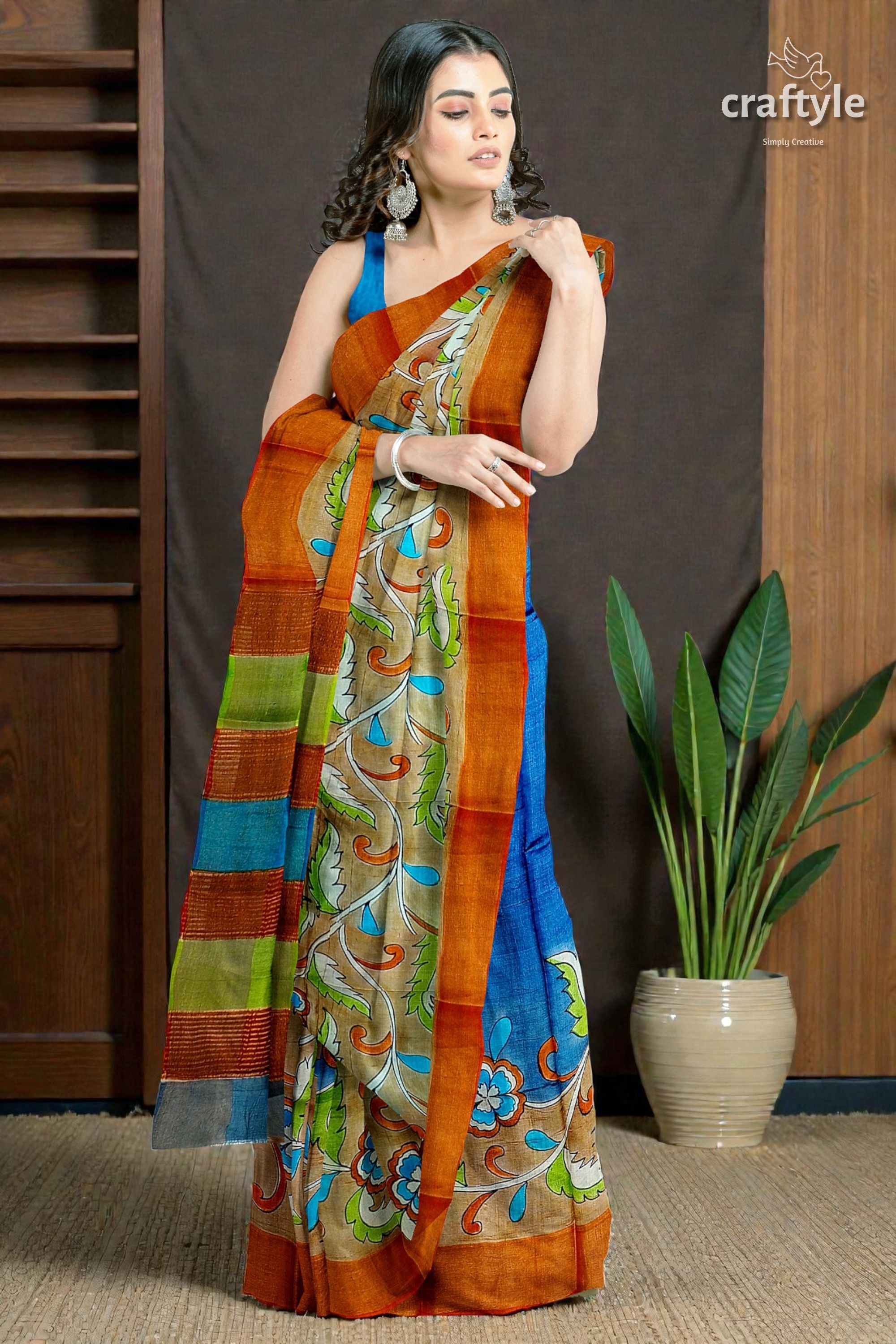 Hand Painted Kalamkari Sari - Rodeo Dust Premium Quality Zari Border Pure Tussar