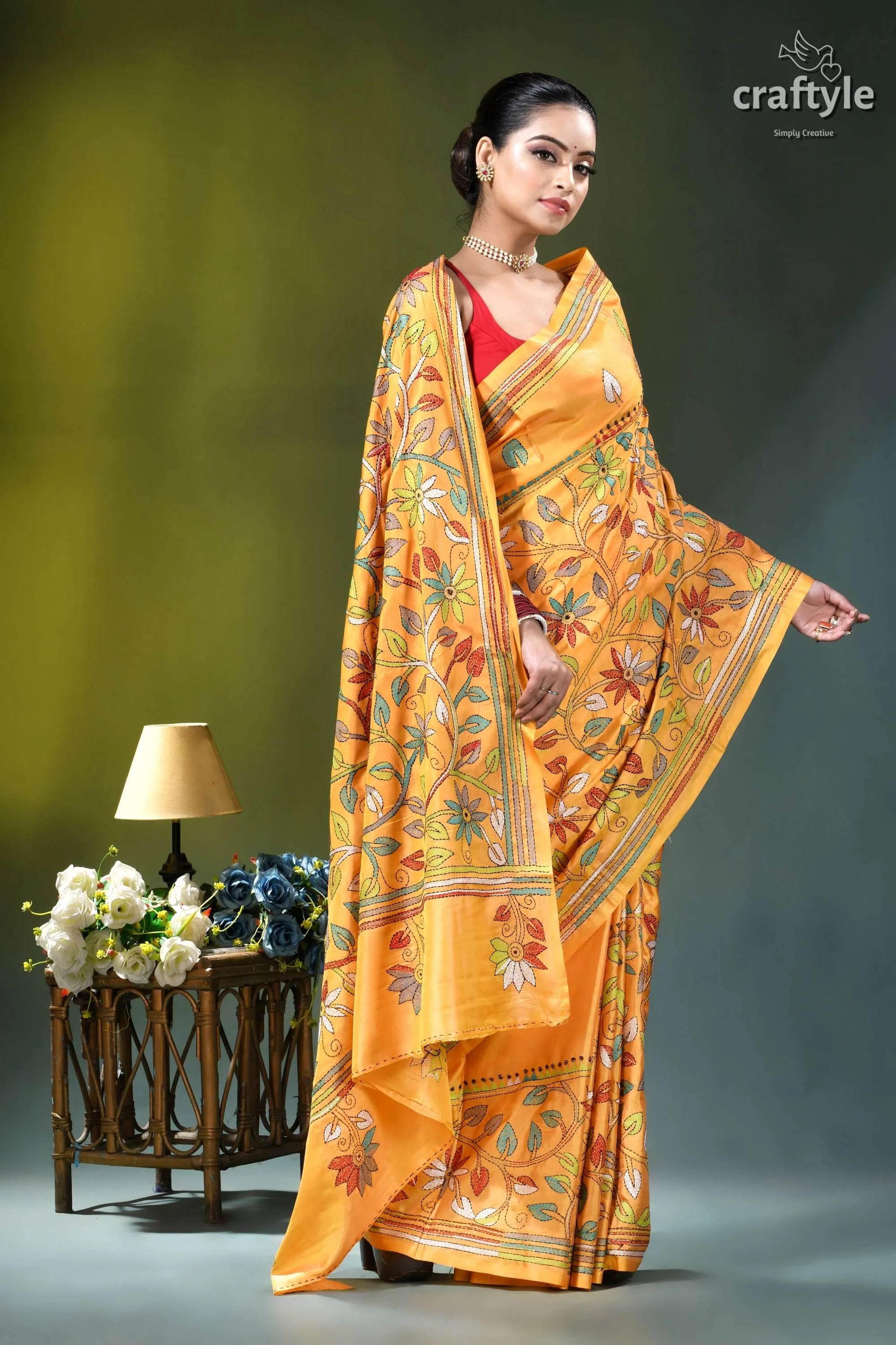 Hand kantha embroidery floral design silk saree in saffron mango vibrant orange saree intricate floral 5