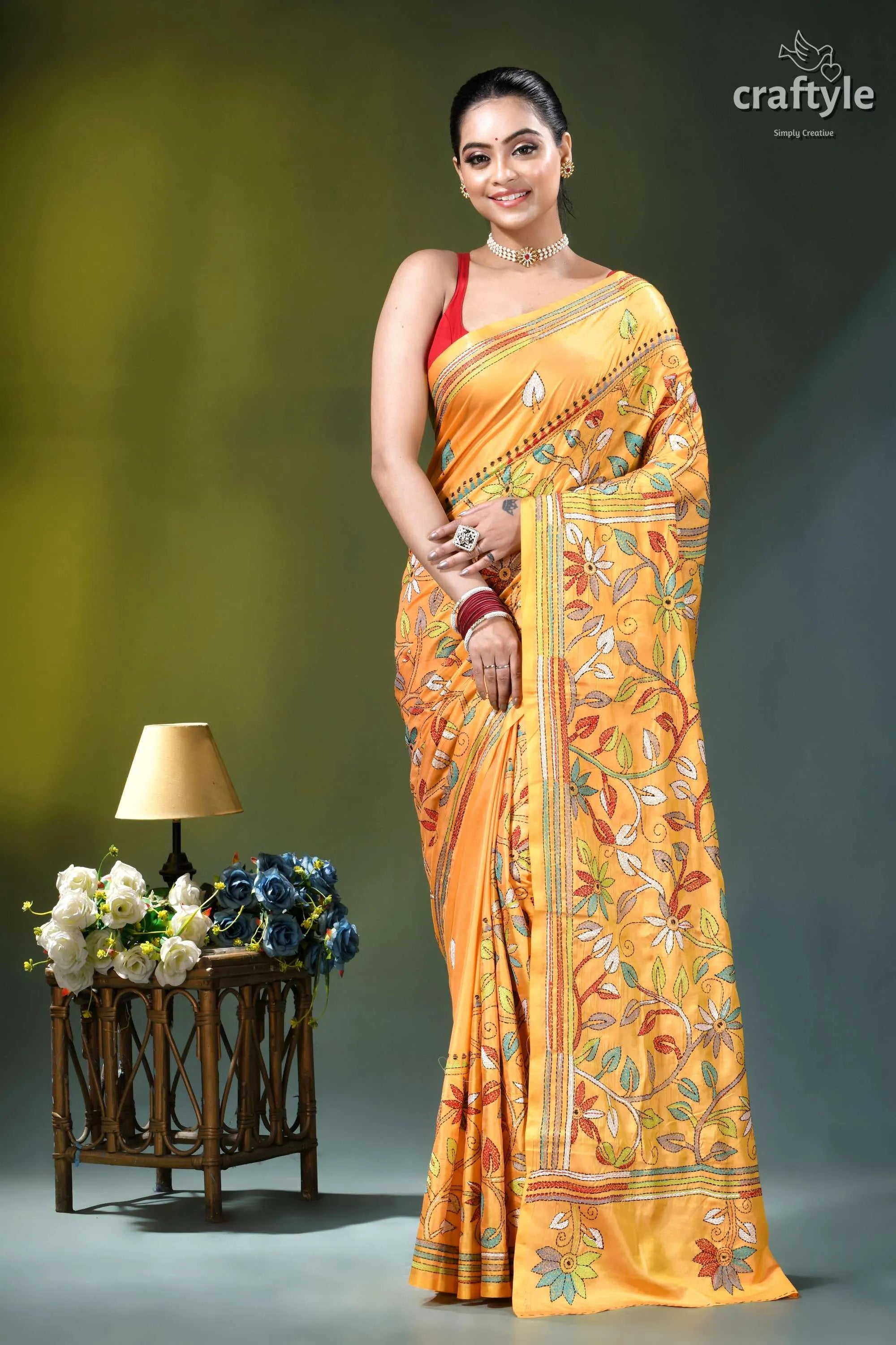 Hand kantha embroidery floral design silk saree in saffron mango vibrant orange saree adorned intricate 6