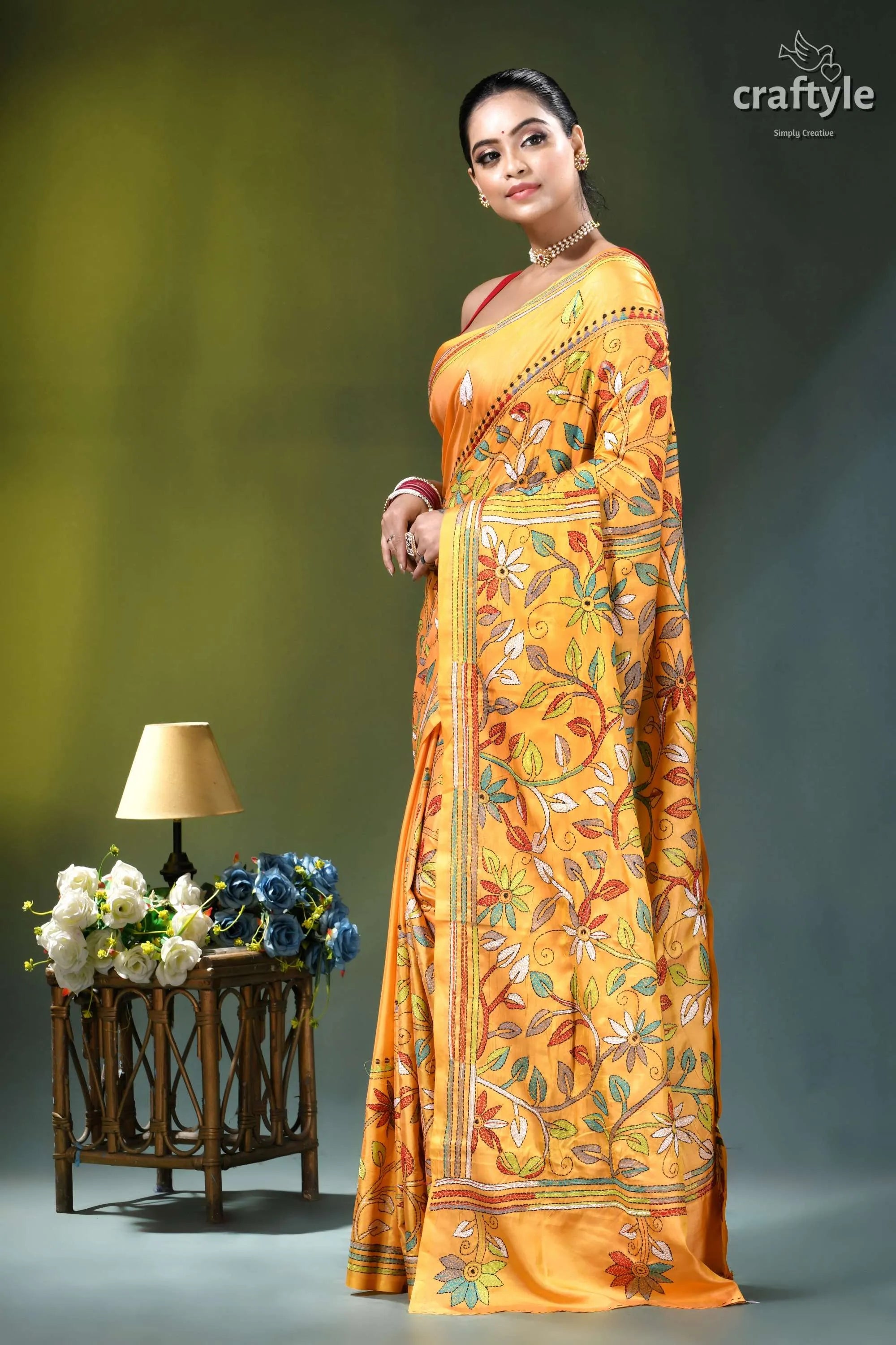 Hand kantha embroidery floral design silk saree in saffron mango vibrant orange saree adorned intricate 3
