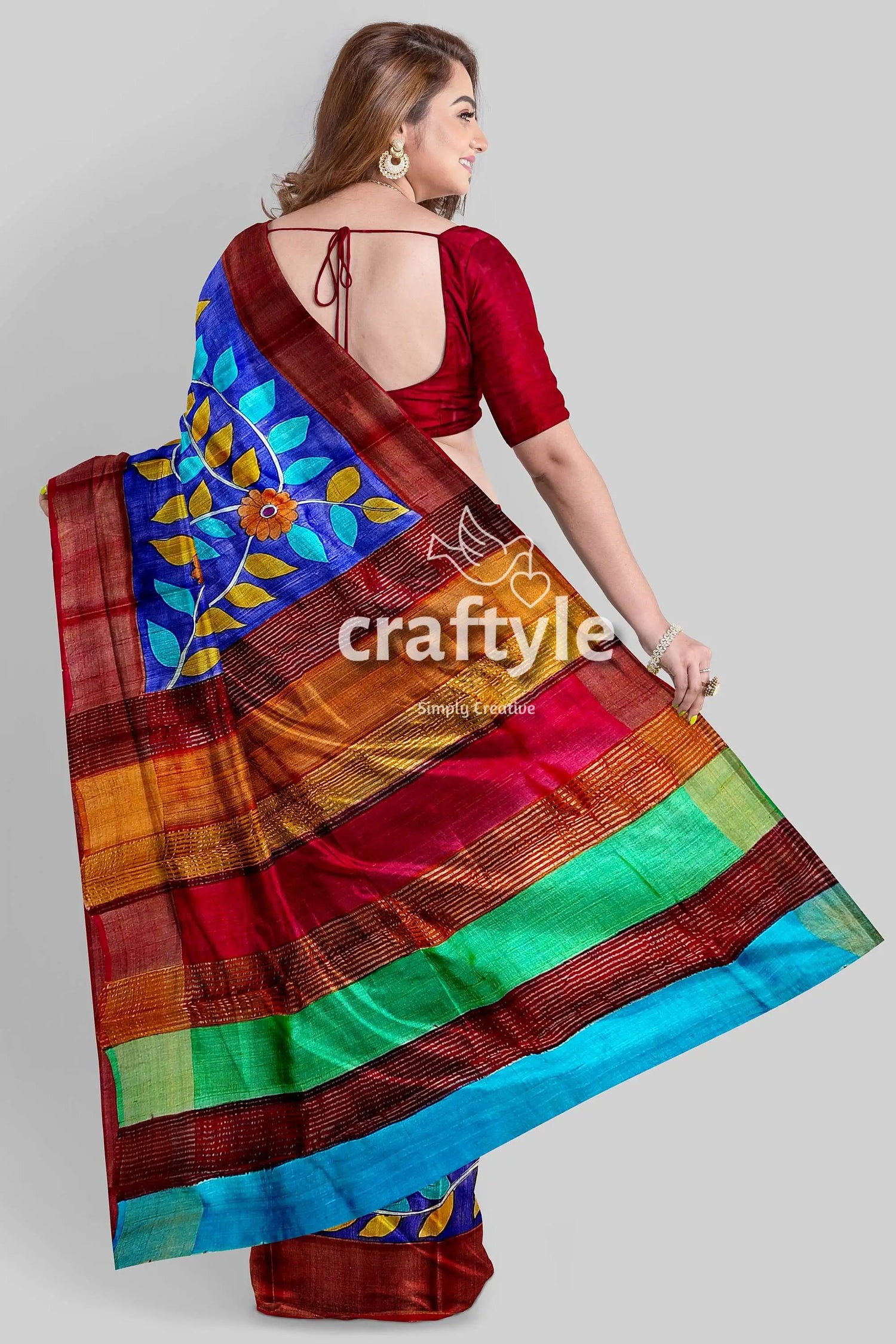 Hand-painted admiral blue pure tussar kalamkari saree with zari border colorful striped saree floral design 5