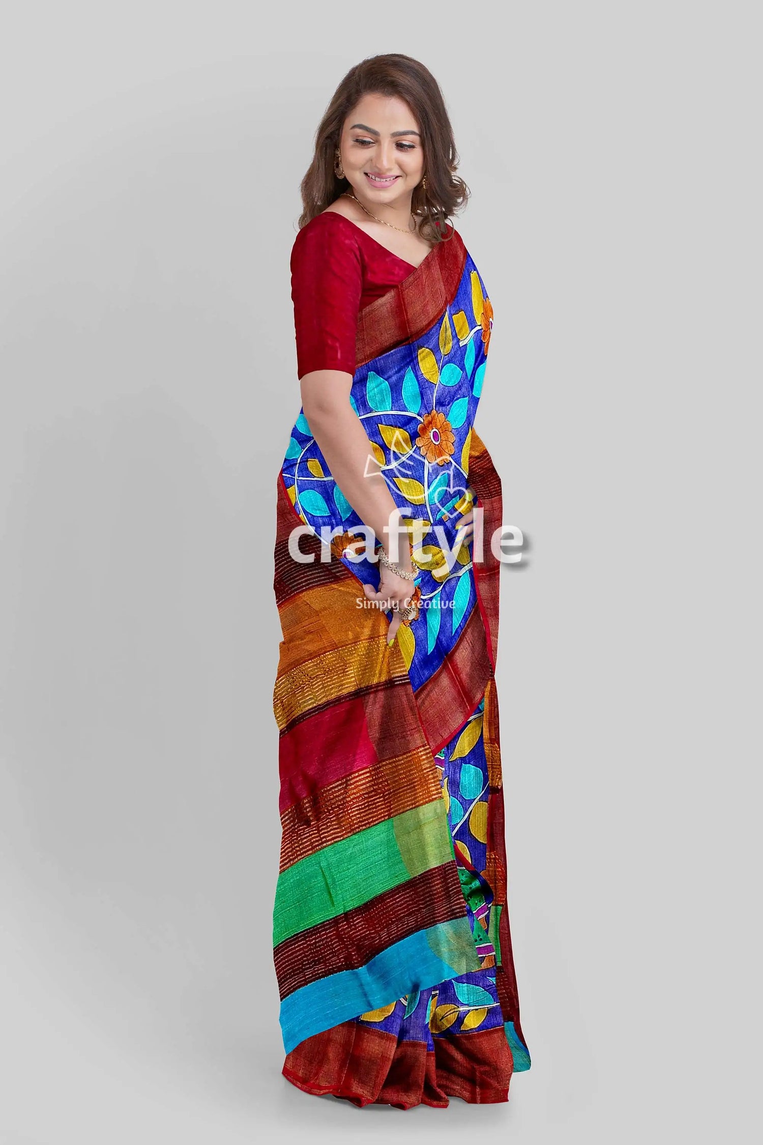 Hand-painted admiral blue pure tussar kalamkari saree with zari border woman colorful saree 4