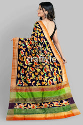 Hand painted almond white zari tussar silk saree - exquisite luxurious floral-patterned saree orange border 5