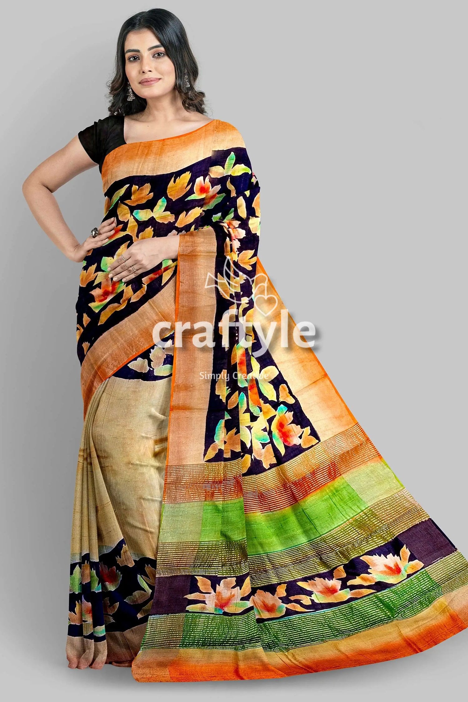 Hand painted almond white zari tussar silk saree - exquisite luxurious woman floral-patterned saree 1