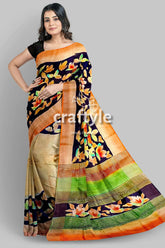 Hand painted almond white zari tussar silk saree - exquisite luxurious woman floral-patterned saree 1