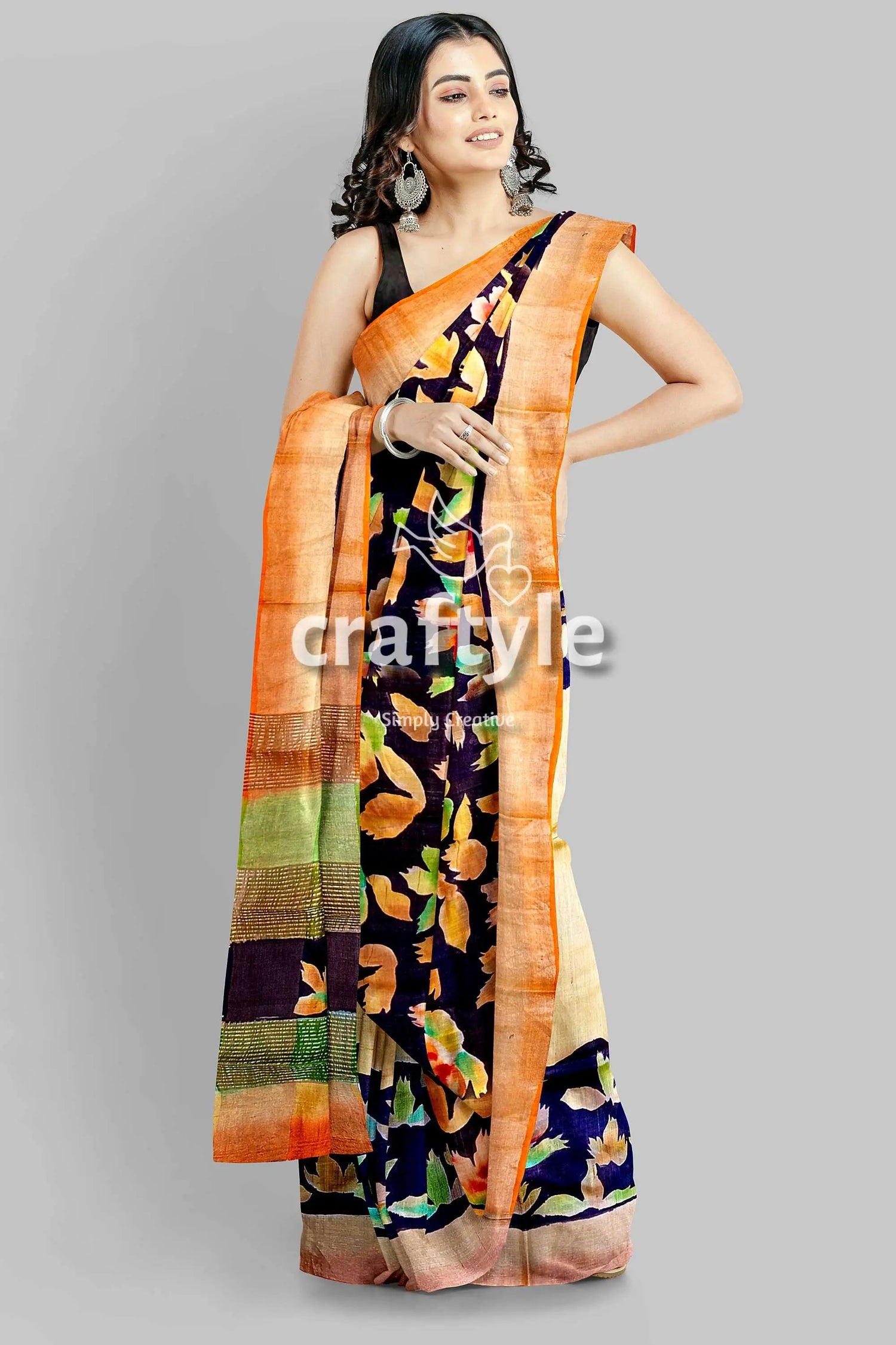 Hand painted almond white zari tussar silk saree - exquisite luxurious floral-patterned saree orange border 3