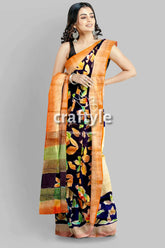 Hand painted almond white zari tussar silk saree - exquisite luxurious floral-patterned saree orange border 3