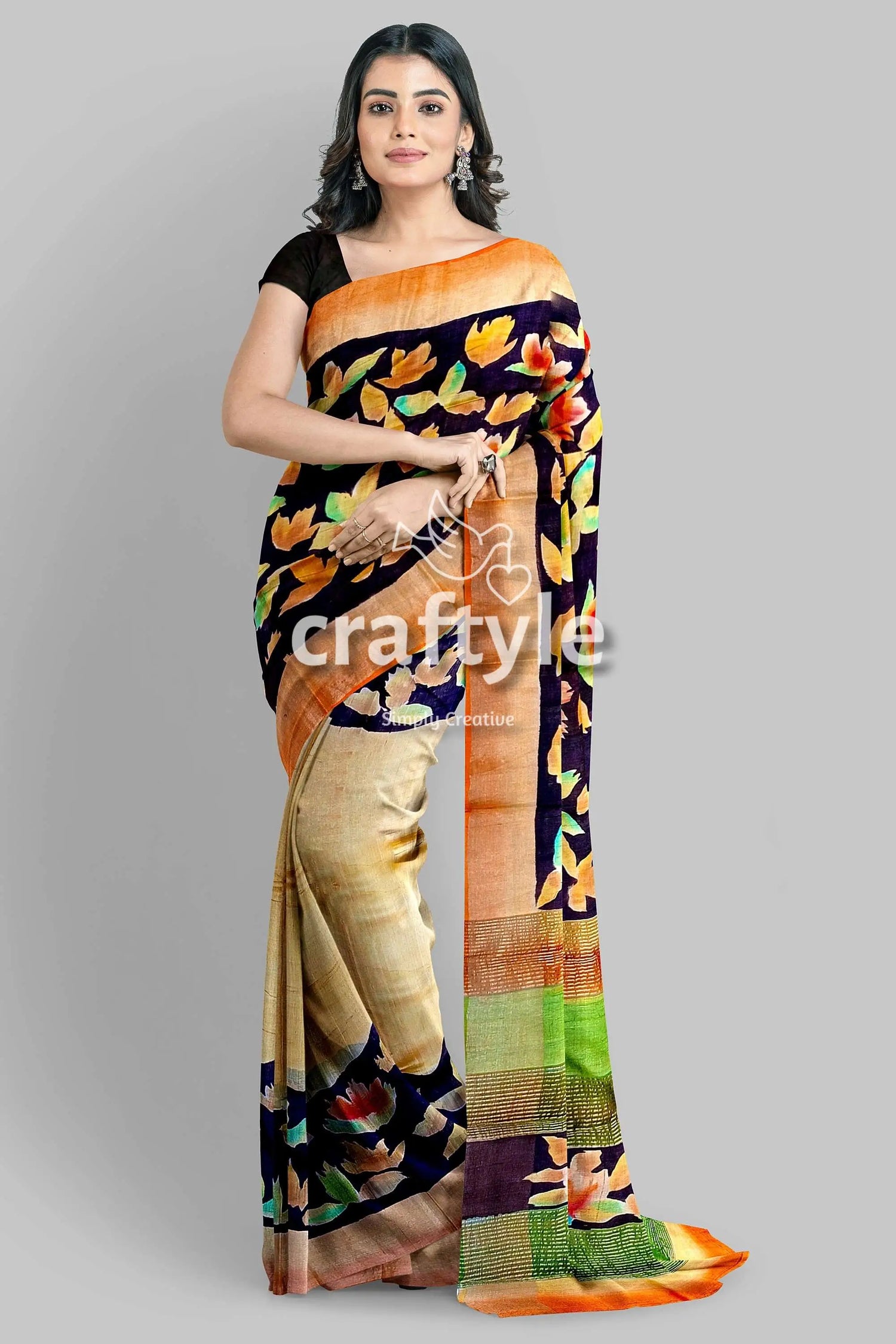 Hand painted almond white zari tussar silk saree - exquisite luxurious woman floral-patterned saree 2
