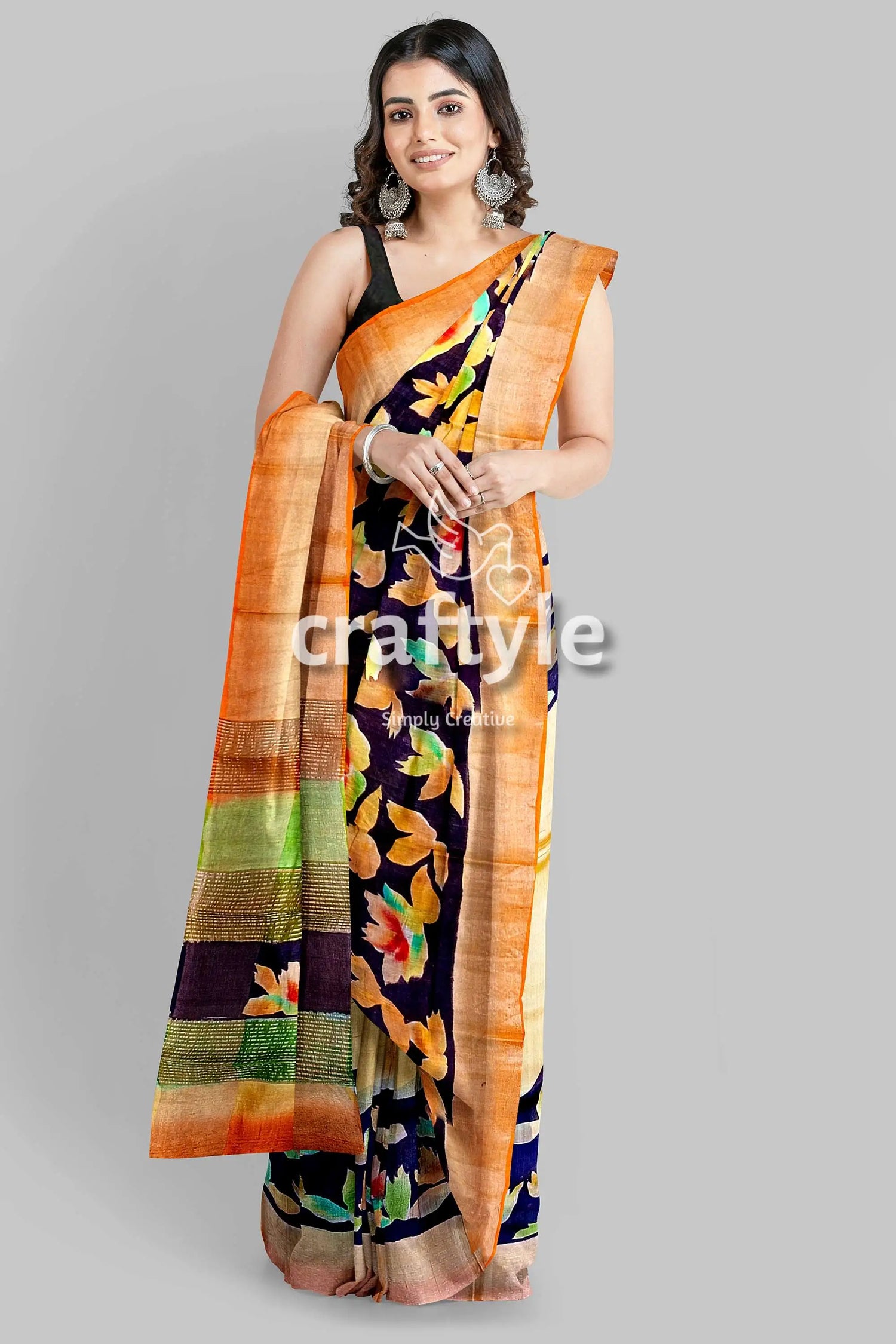 Hand painted almond white zari tussar silk saree - exquisite luxurious floral-patterned saree orange border 4