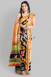 Hand painted almond white zari tussar silk saree - exquisite luxurious floral-patterned saree orange border 4