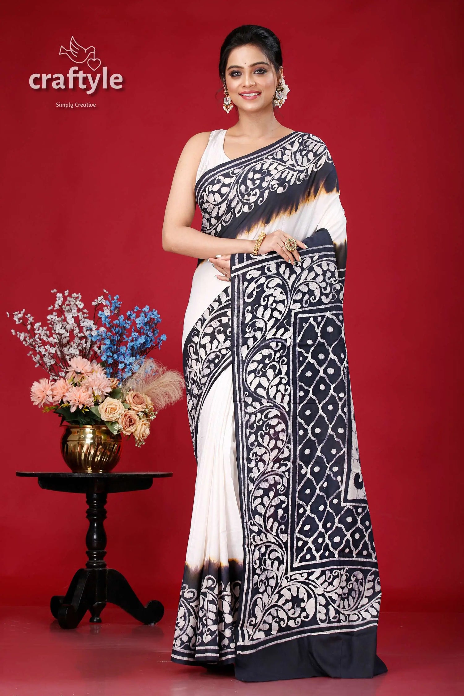 Hand-painted black and white batik cotton saree - pure elegant elegant white black patterned saree 1