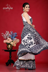 Hand-painted black and white batik cotton saree - pure elegant woman black white patterned saree 4