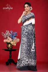 Hand-painted black and white batik cotton saree - pure elegant woman black white patterned saree 3