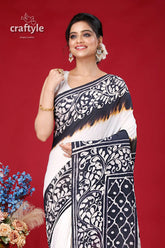 Hand-painted black and white batik cotton saree - pure elegant woman white saree black batik 2
