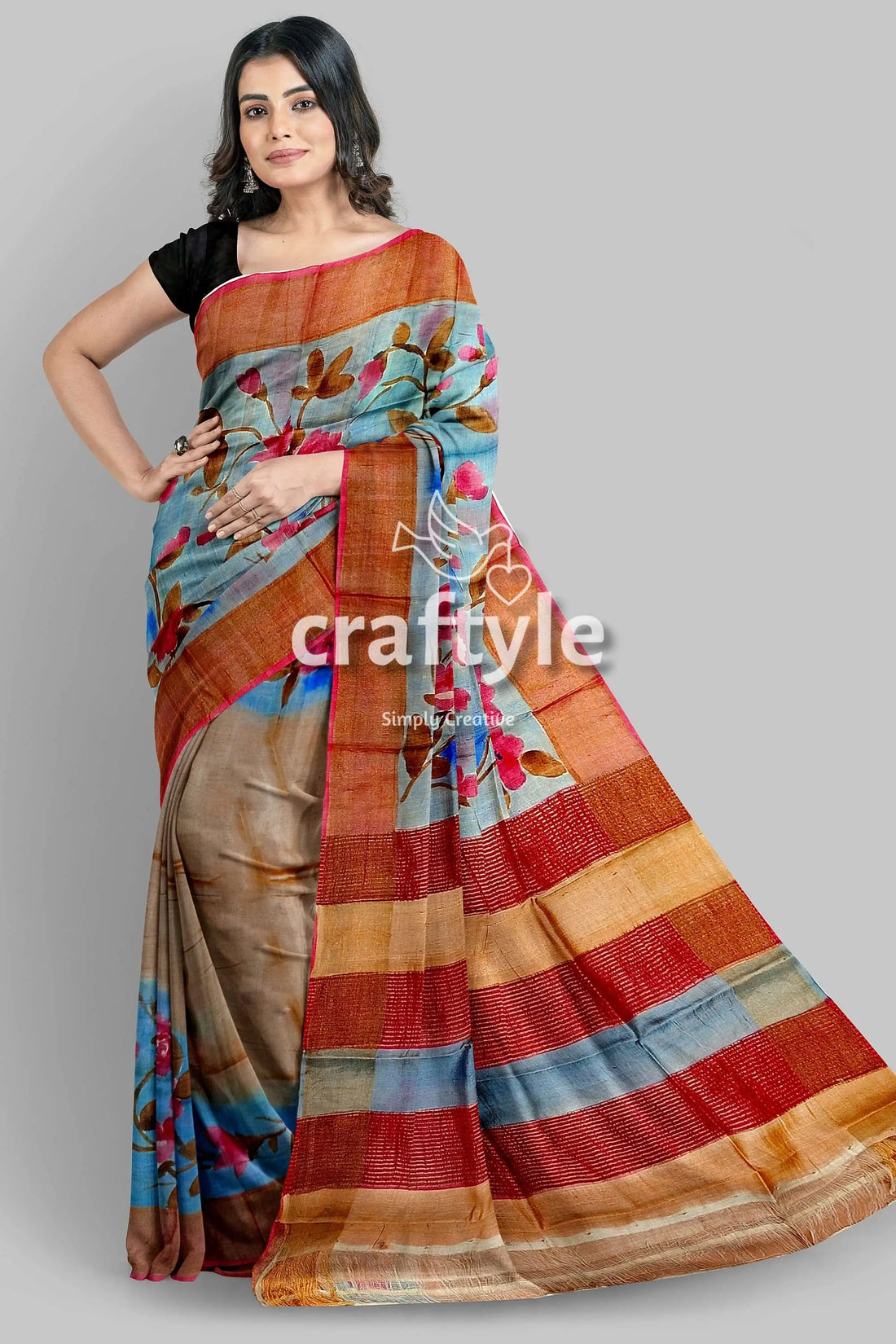 Hand painted blue grey pure tussar silk saree with zari detailing woman floral striped saree 2