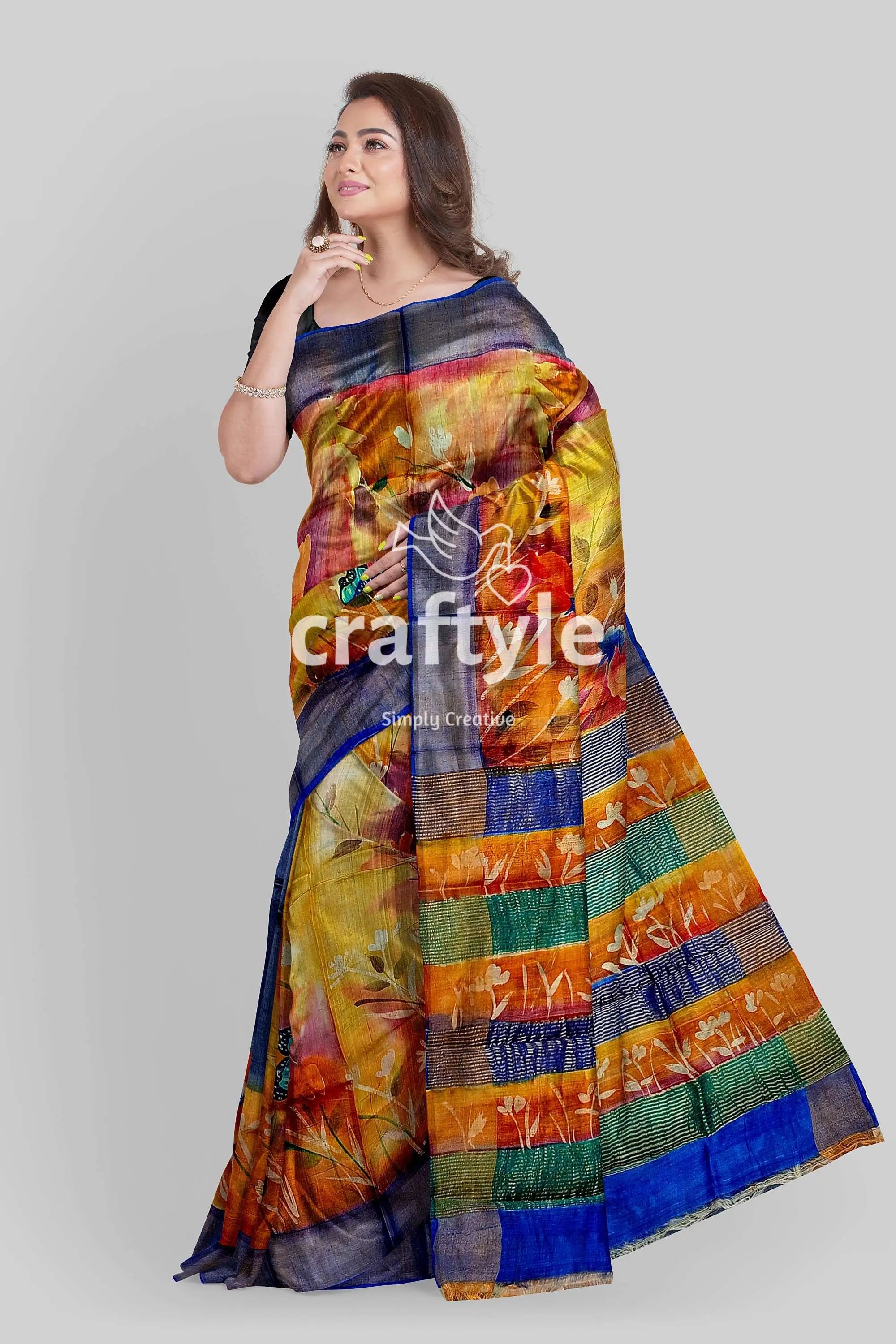 Hand painted butterfly design zari pure tussar saree - perfect for any occasion colorful patterned saree 4