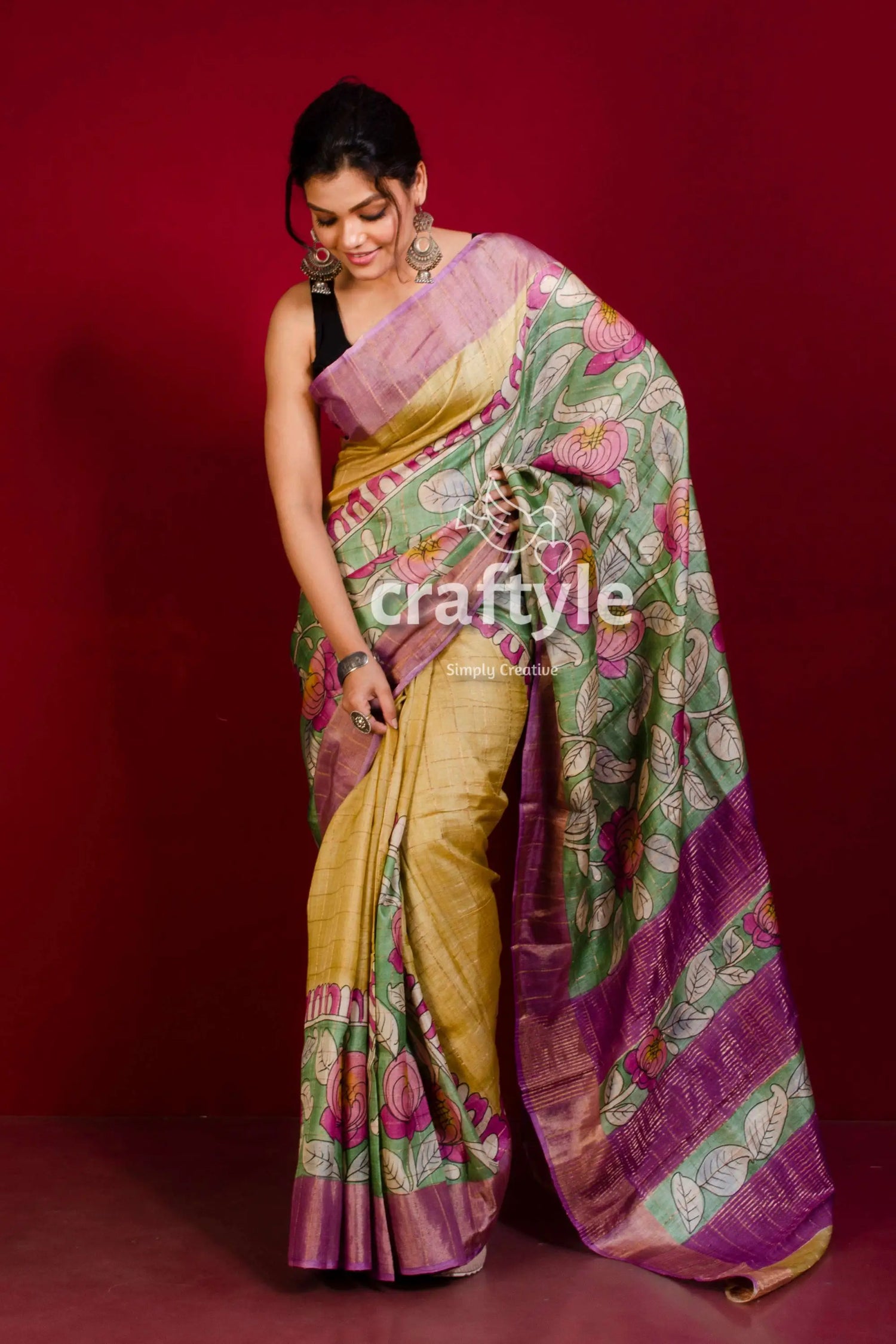 Hand painted california peach pure tussar kalamkari sari with zari border woman floral-patterned saree 1