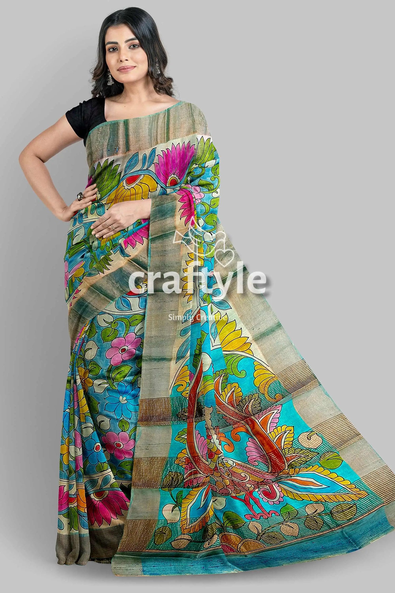 Hand-painted floral motif pure tussar kalamkari sari with zari border woman colorful patterned saree 1