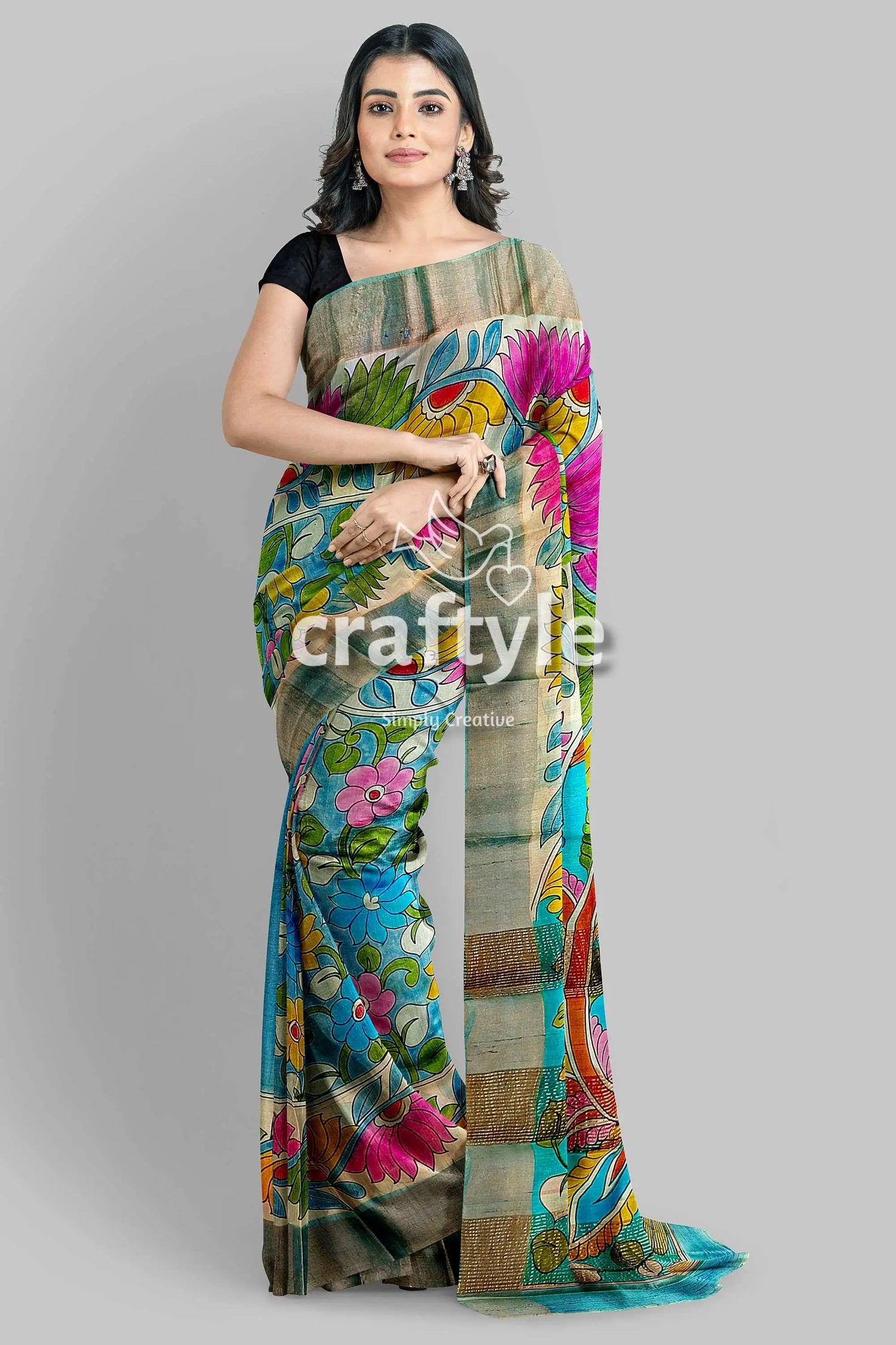 Hand-painted floral motif pure tussar kalamkari sari with zari border floral-patterned saree 2