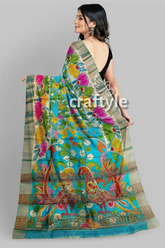 Hand-painted floral motif pure tussar kalamkari sari with zari border hand-painted silk saree bird floral 6