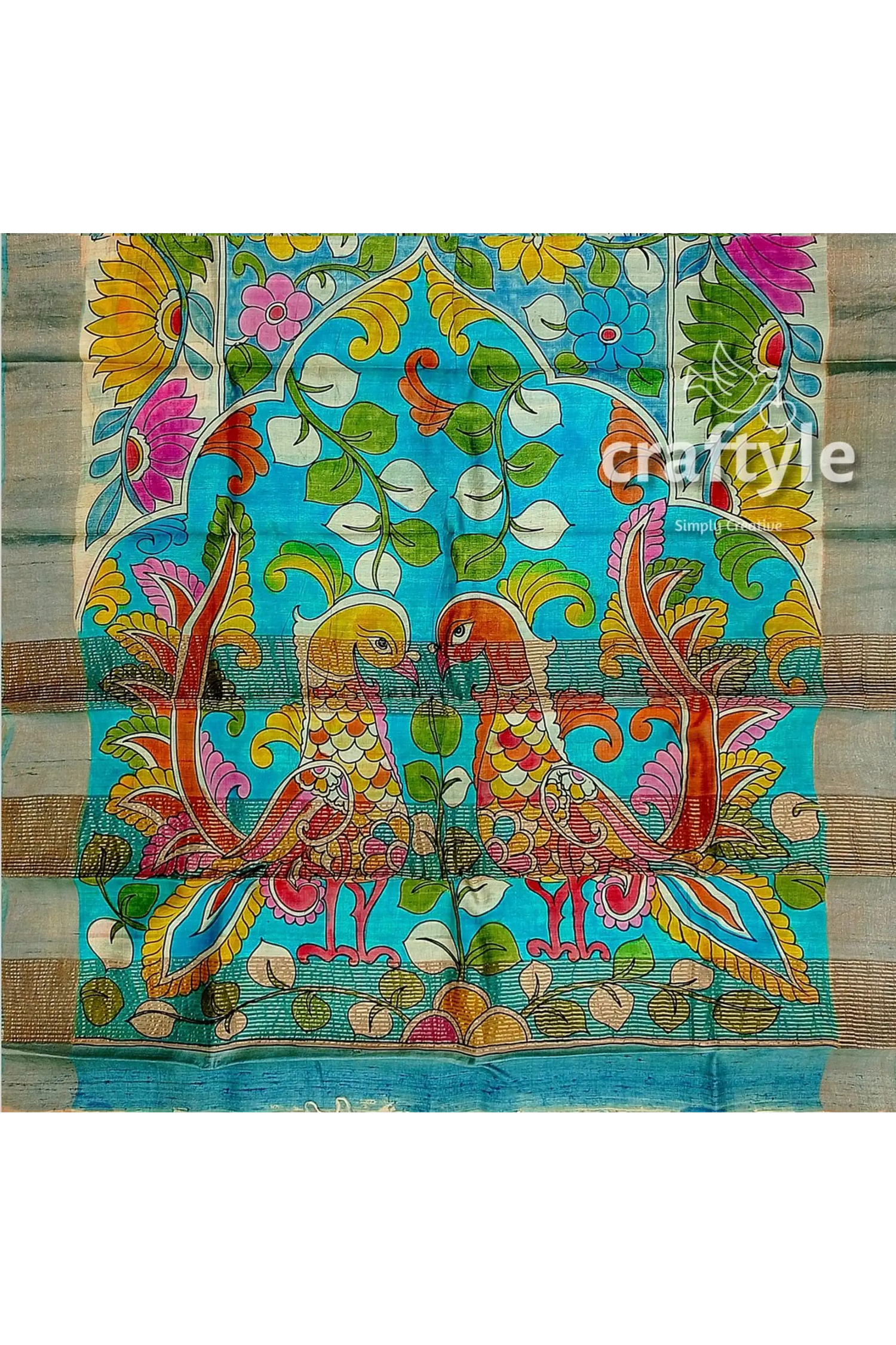 Hand-painted floral motif pure tussar kalamkari sari with zari border colorful bird-themed fabric art 7