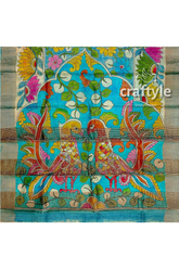 Hand-painted floral motif pure tussar kalamkari sari with zari border colorful bird-themed fabric art 7