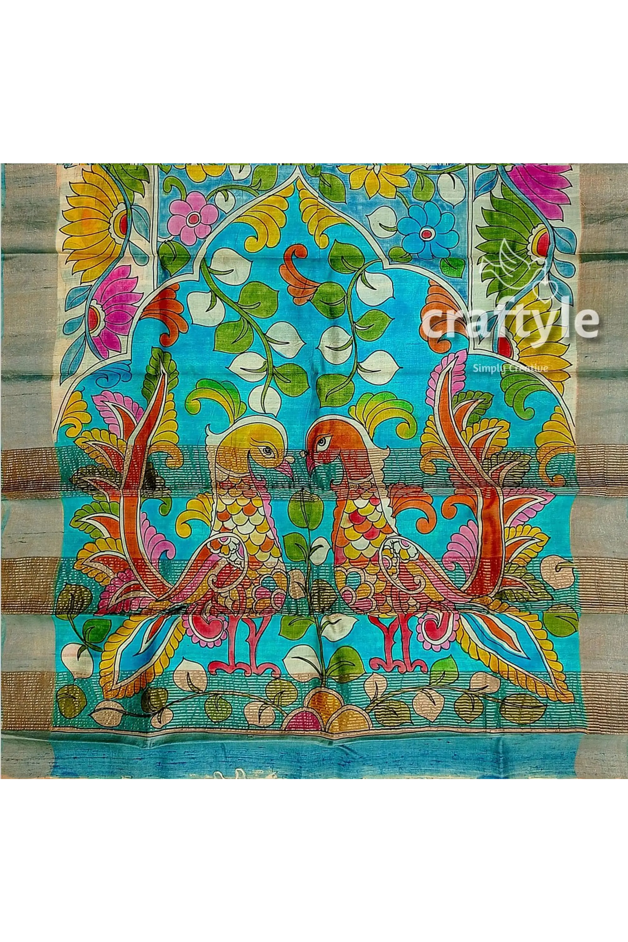 Hand-painted floral motif pure tussar kalamkari sari with zari border colorful bird-themed fabric art 7