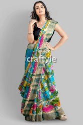 Hand-painted floral motif pure tussar kalamkari sari with zari border woman colorful floral saree 5