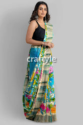 Hand-painted floral motif pure tussar kalamkari sari with zari border woman floral-patterned saree 4