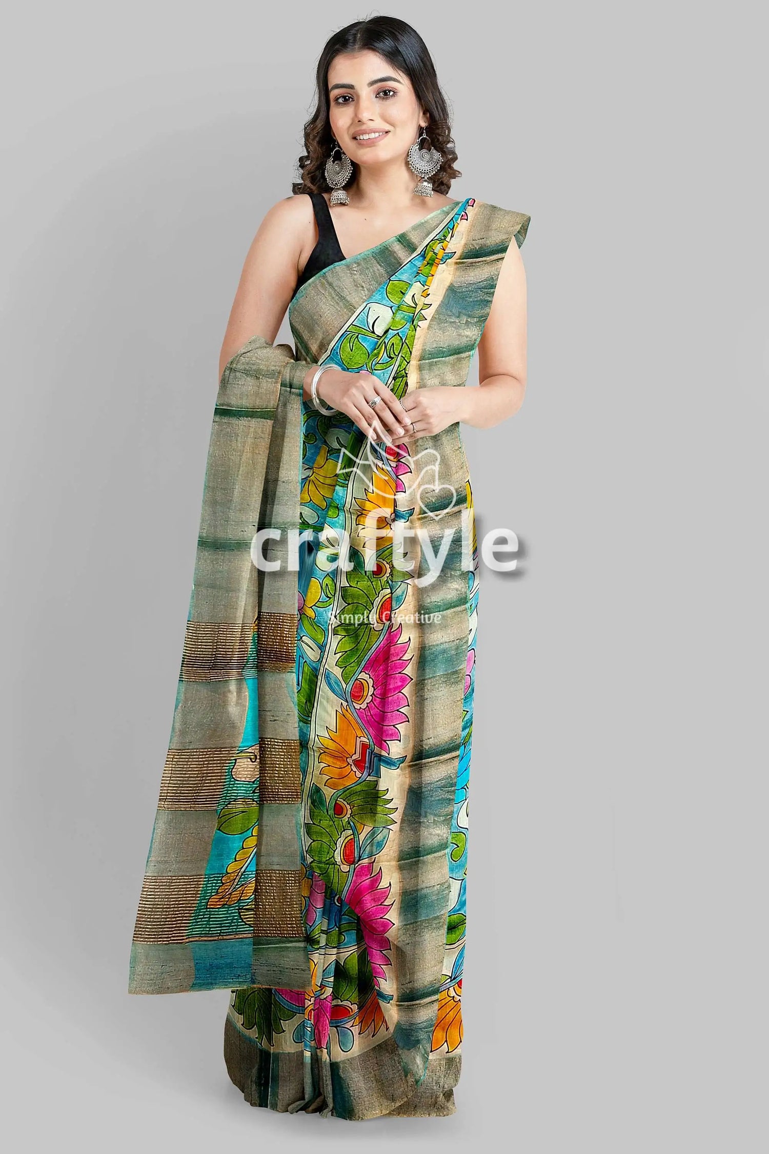 Hand-painted floral motif pure tussar kalamkari sari with zari border woman floral-patterned saree 3