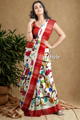 Hand painted floral tussar kalamkari saree with zari border - pure silk woman floral-patterned saree 1