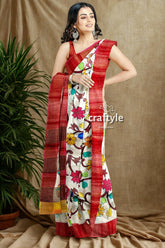 Hand painted floral tussar kalamkari saree with zari border - pure silk woman floral-patterned saree 5