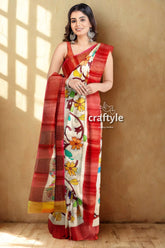 Hand painted floral tussar kalamkari saree with zari border - pure silk woman floral saree 4