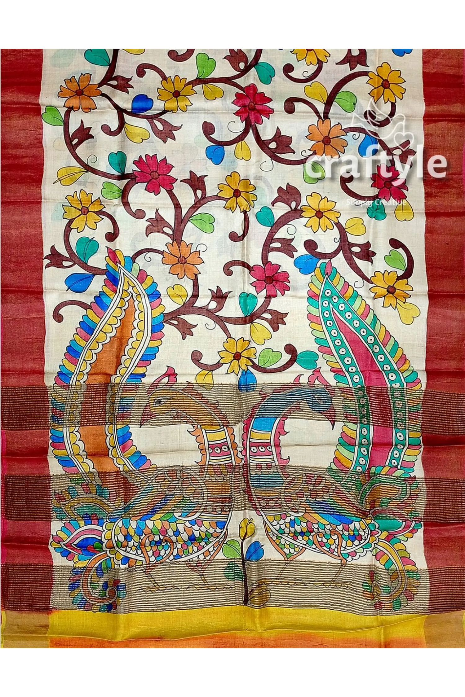 Hand painted floral tussar kalamkari saree with zari border - pure silk hand-painted silk saree floral peacock 7