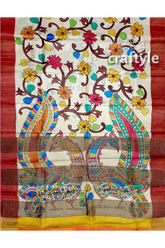 Hand painted floral tussar kalamkari saree with zari border - pure silk hand-painted silk saree floral peacock 7