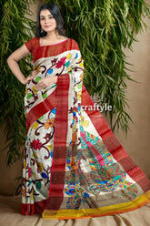 Hand painted floral tussar kalamkari saree with zari border - pure silk woman white saree floral peacock 6