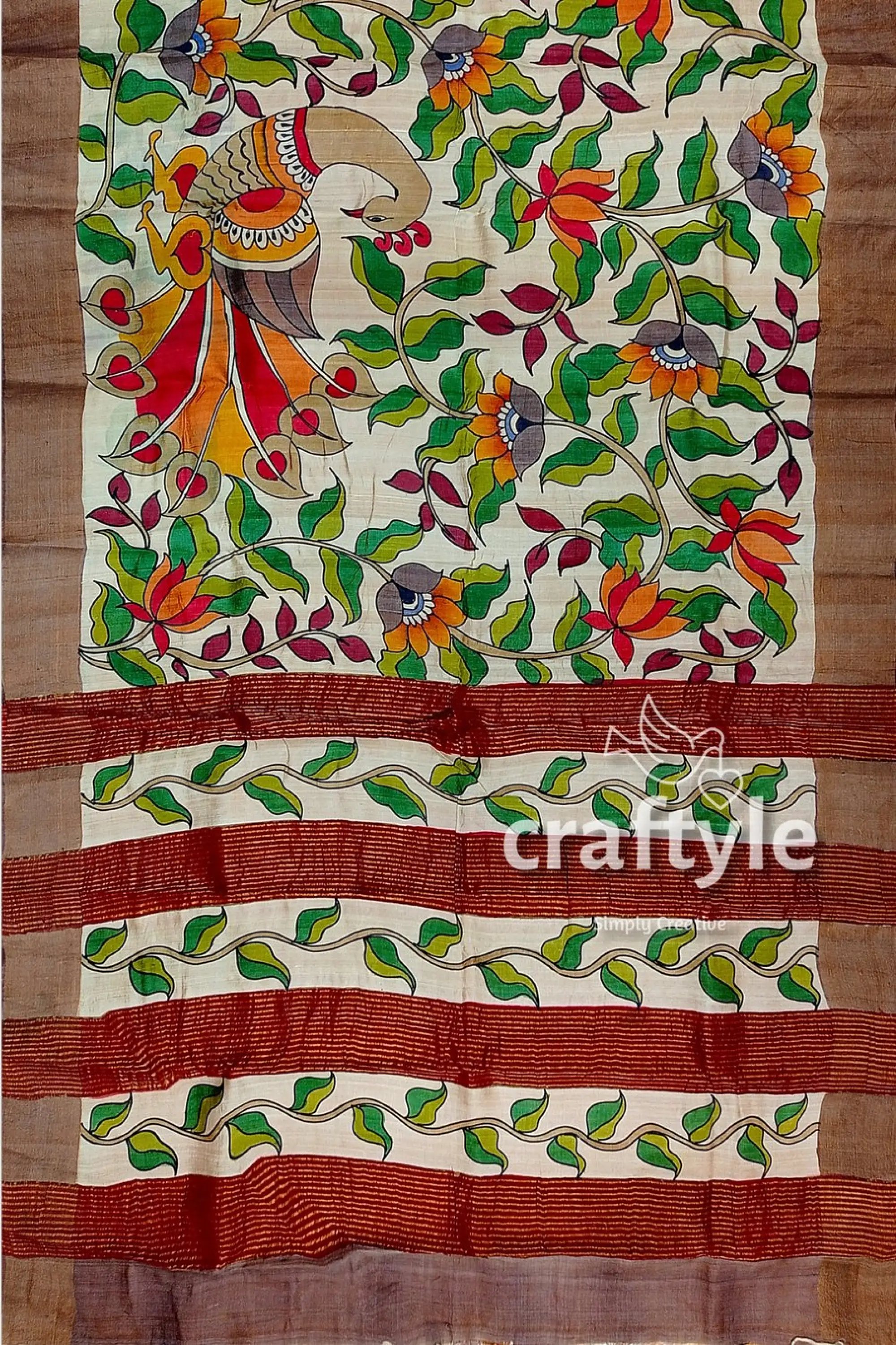 Hand painted green leaf pure tussar kalamkari saree with zari border hand-painted fabric floral bird design 6