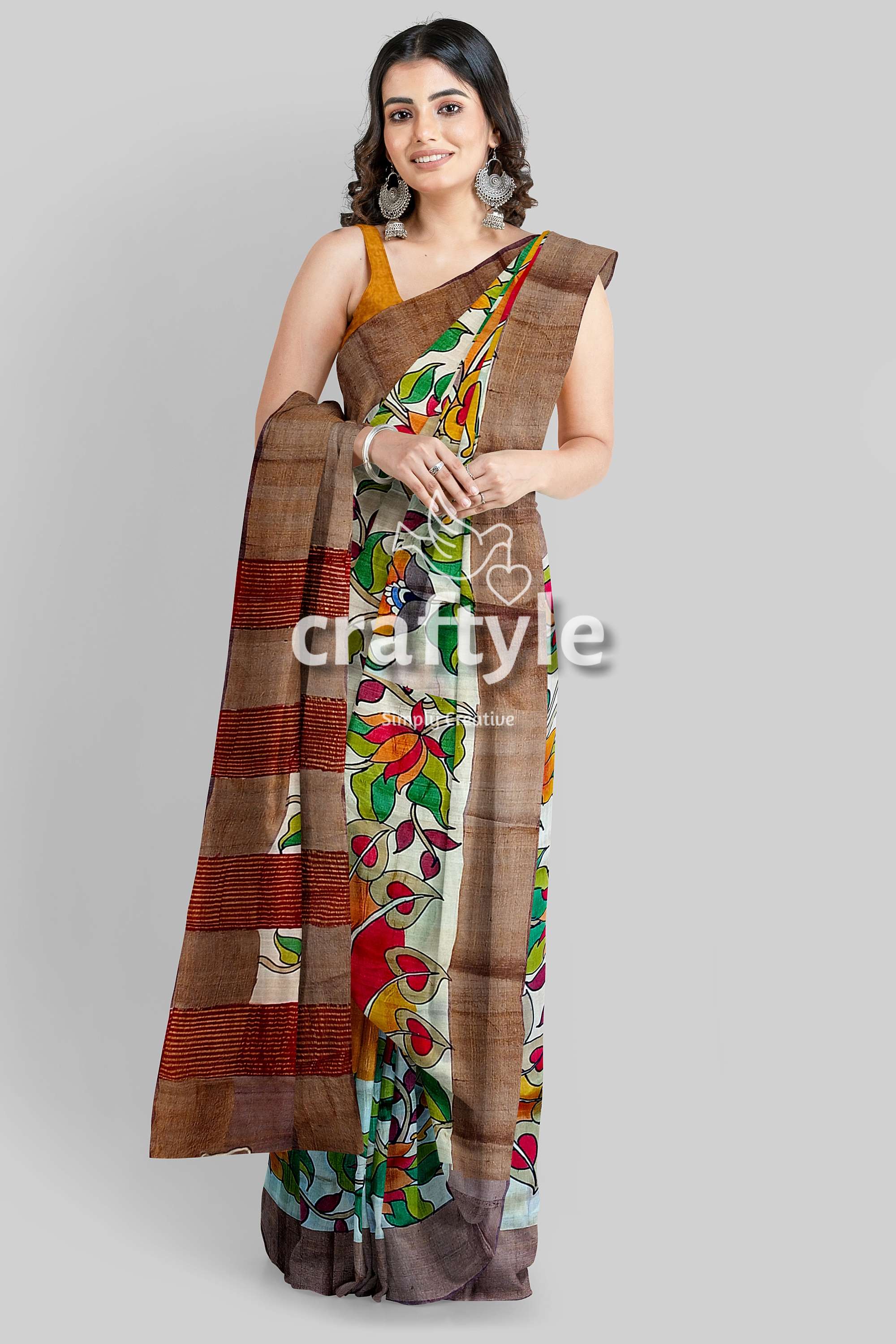 Hand Painted Green Leaf Pure Tussar Kalamkari Saree with Zari Border - Craftyle