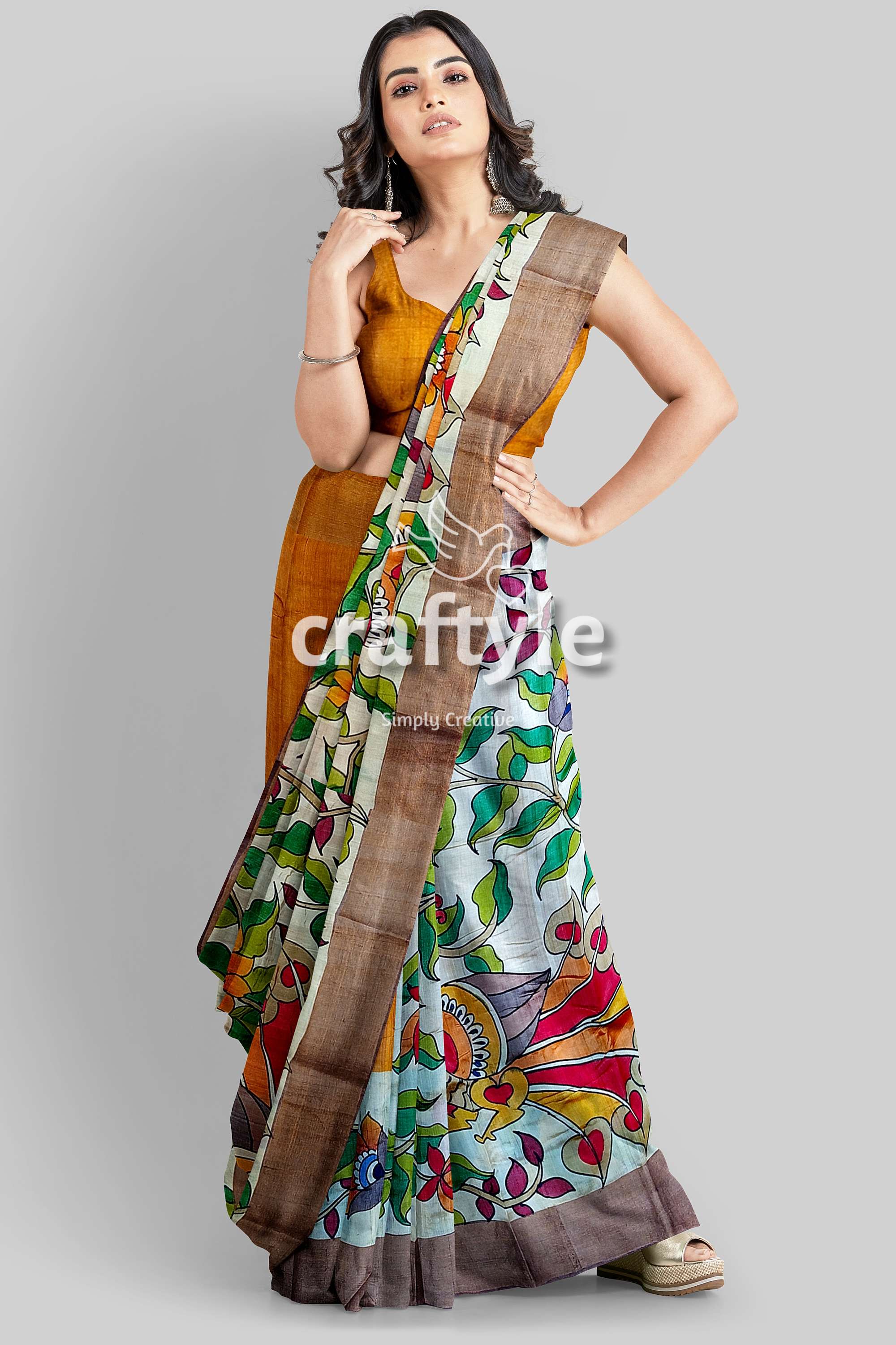 Hand Painted Green Leaf Pure Tussar Kalamkari Saree with Zari Border - Craftyle