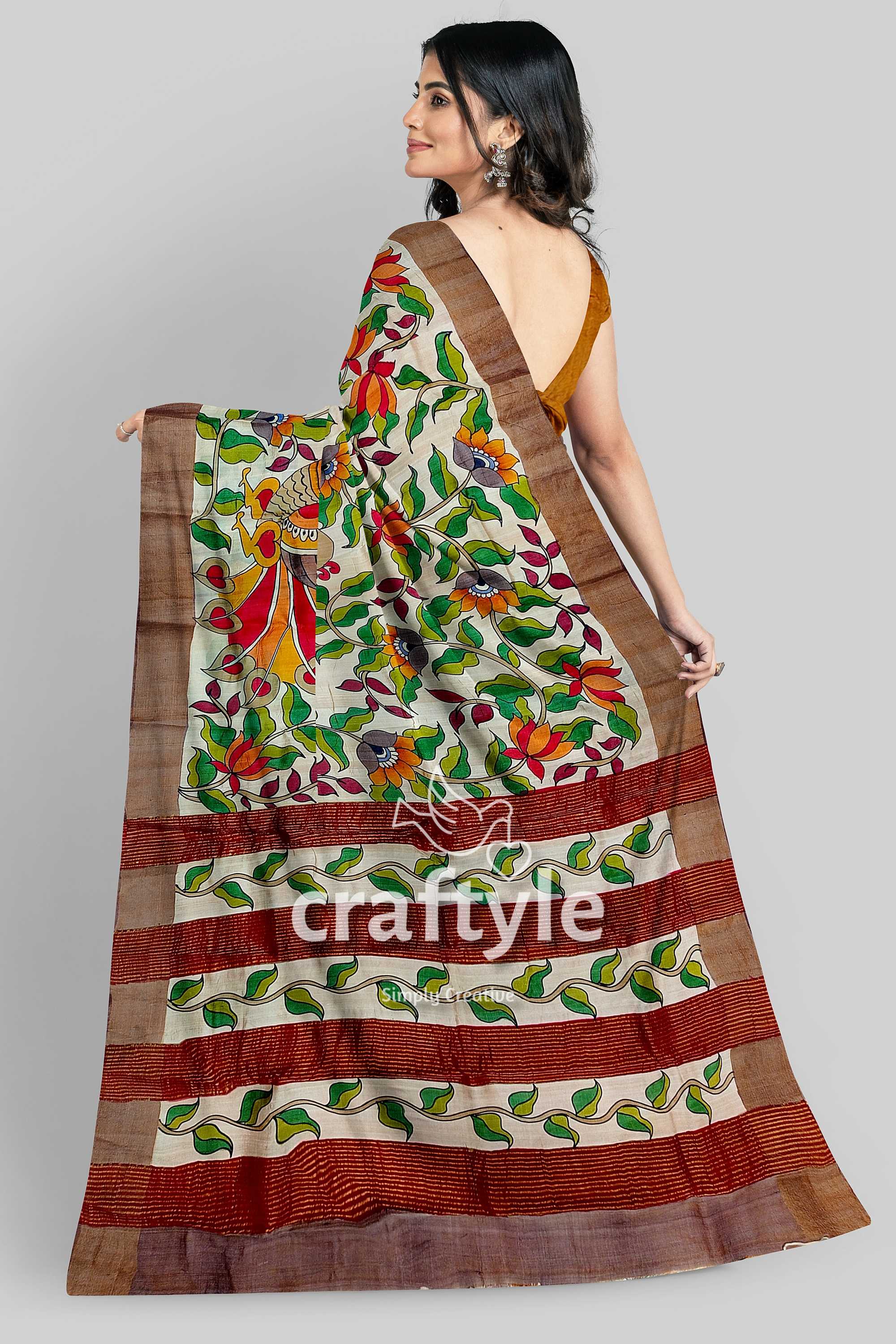 Hand Painted Green Leaf Pure Tussar Kalamkari Saree with Zari Border - Craftyle