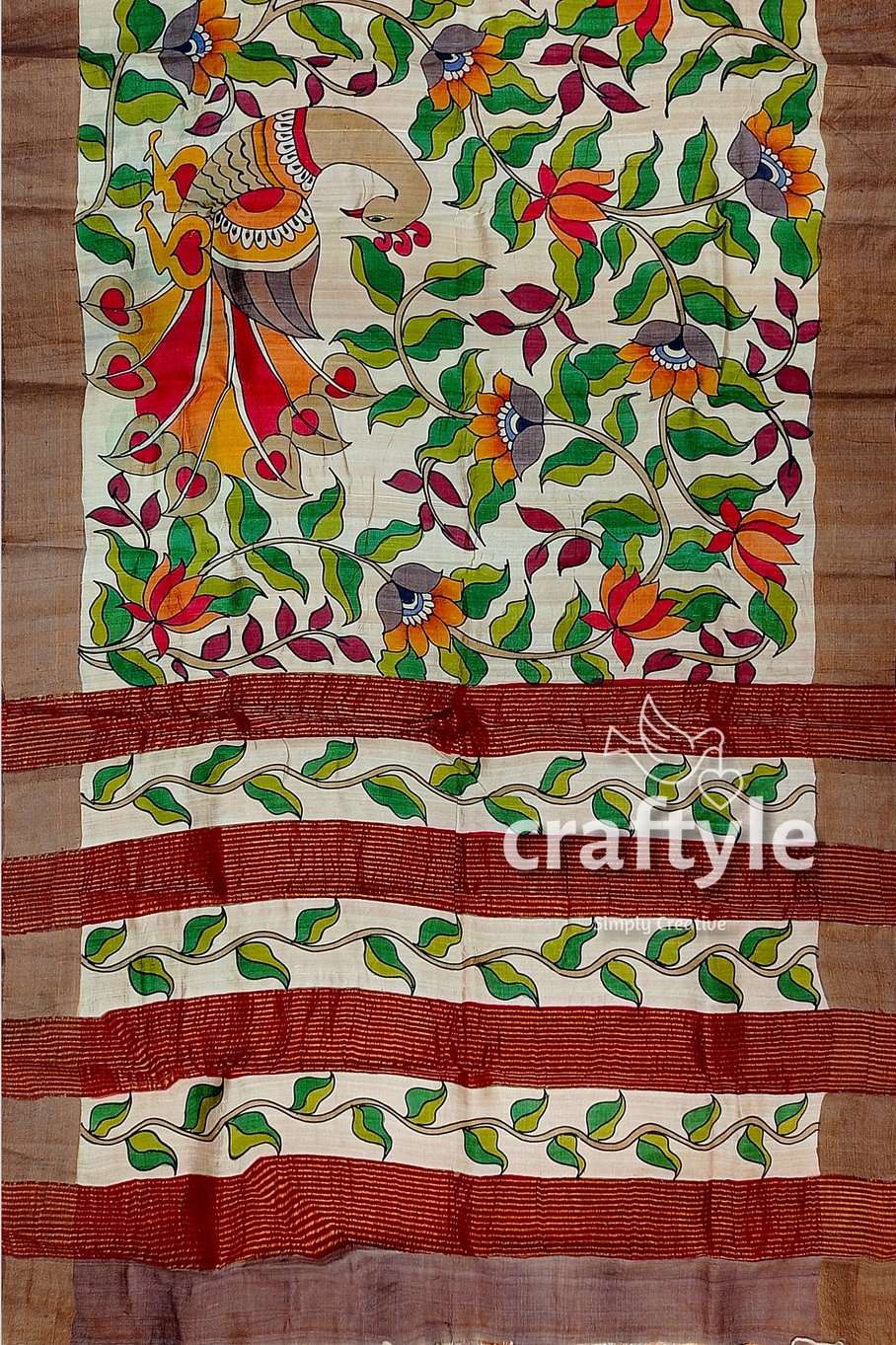 Hand Painted Green Leaf Pure Tussar Kalamkari Saree with Zari Border - Craftyle