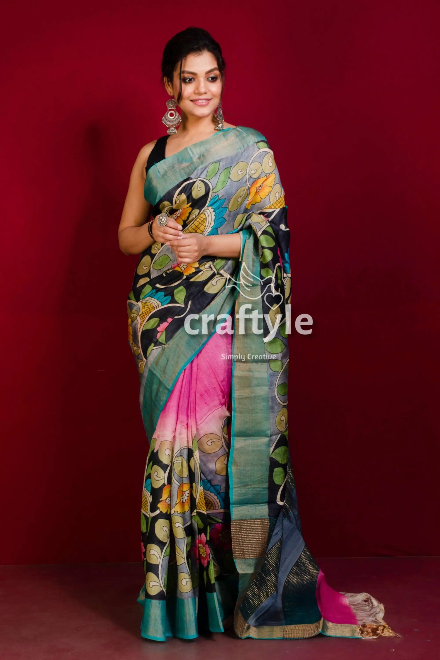 Hand-painted hot pink and black pure tussar kalamkari saree with zari border floral-patterned saree pink gray hues 1