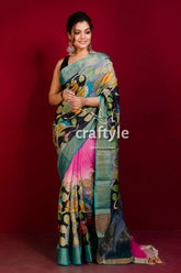 Hand-painted hot pink and black pure tussar kalamkari saree with zari border floral-patterned saree pink gray hues 1