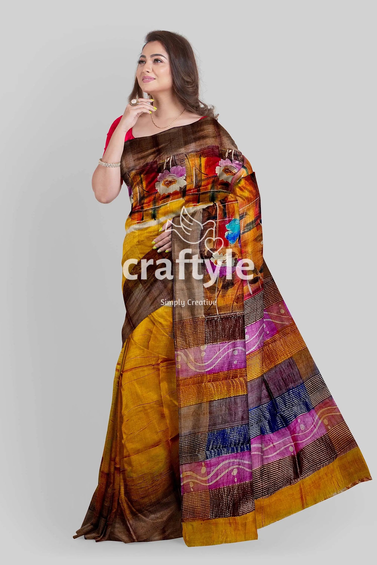 Hand painted indian yellow pure tussar silk saree with zari detailing woman colorful saree 4