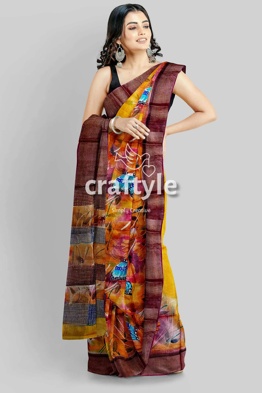 Hand painted indian yellow zari pure tussar silk saree - exquisite design woman yellow brown saree 2
