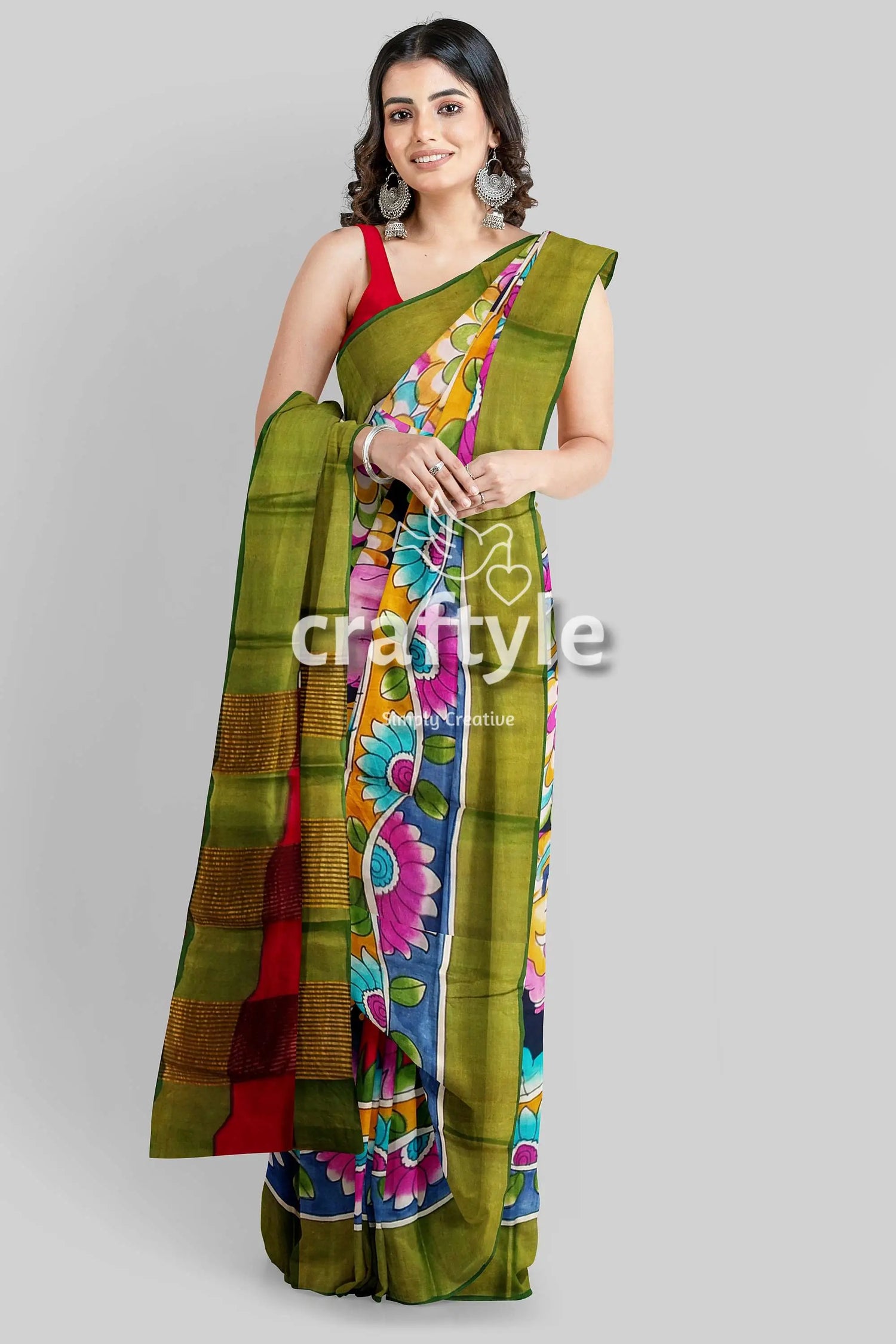 Hand painted kalamkari saree - elephant motif zari border pure tussar silk green floral-patterned saree 3