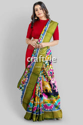 Hand painted kalamkari saree - elephant motif zari border pure tussar silk woman colorful floral elephant-patterned