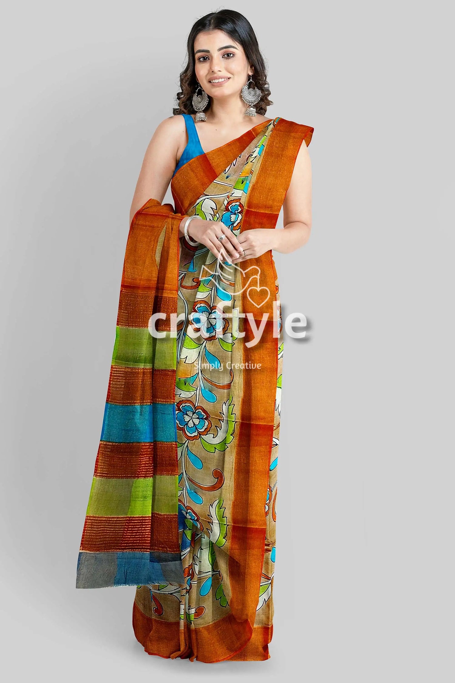 Hand painted kalamkari sari - rodeo dust premium quality zari border pure tussar woman colorful saree 4